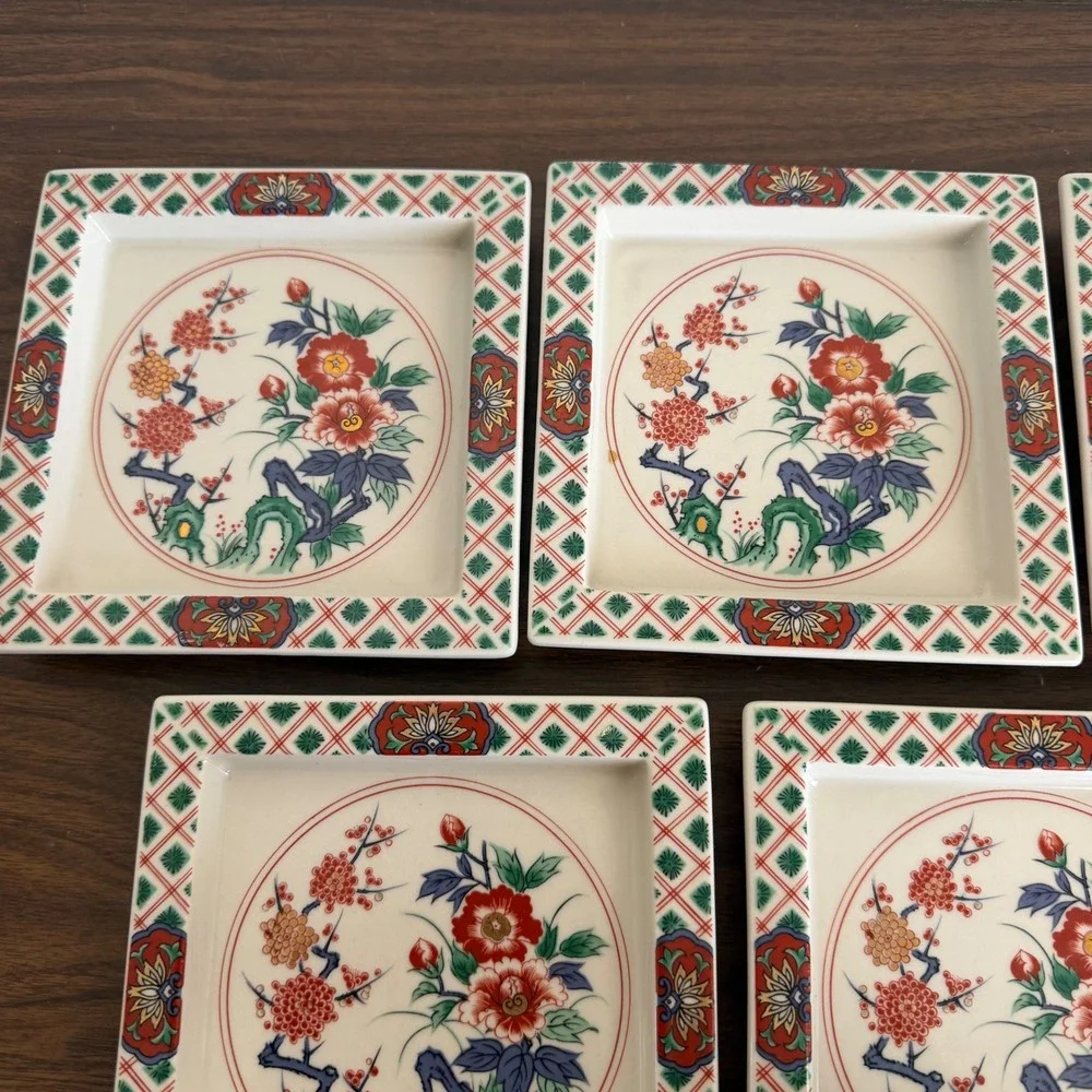 Vintage Imari Style Square Porcelain Appetizer Plates Set of 5 Floral Ceramic